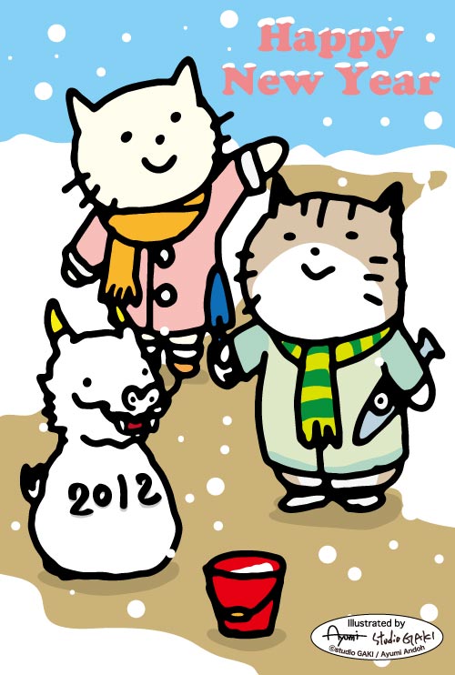 雪だるまと猫のイラスト